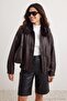 Brown Oversize Faux Leather Coat with Fur Lining and Collar Twoaw27Mo00045