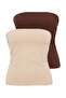 Kahverengi-Bej 2'Li Paket Fitted Crop Esnek Örme Bluz TBBSS26AF00083 - 7