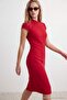 Kırmızı Düz Bodycon/Vücuda Oturan Hakim Yaka Ay Kol Midi Scuba Krep Örme Elbise TWOAW27EL00051 - 5