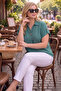 Women's Plus Size Polo Neck Sleeve Part Buttoned Shirt Blouse - 5