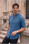 Hakim Collar Muslin Fabric Short Sleeve Shirt - Indigo - 4