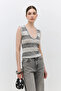 Gray Striped V-Neck Sleeveless Slim Fit Top - 2