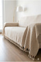 Cotton Woven Natural Sofa Cover 180X300 Non-Slip Textured Decorative Tassel Cover with Sleeves for Arms Beige - 2