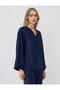 Navy Blue Relaxed Fit Long Sleeve V Neck Woven Blouse - 4