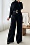 Buckle Belted, Folded Waist, Wide Leg Modal Crepe Trousers - Black - 3