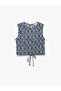 Patterned Crew Neck Sleeveless Crop Top with Lace Detail - 3