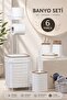 Hgy Home Off-White Refillable Toilet Paper Holder and Wave Patterned Wooden Look 6-Piece Bathroom Set