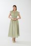 Women's Green Wide Bell-Bottom Skirt with Drawstring Waist Design, Short Sleeves, Fitted at the Waist, Pinterest Chic Equivalent Midi Dress. - 2