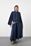 Navy blue women's tencel fabric skirt with belt detail, flowy textured jacket and skirt set. - 2