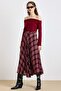 Plaid Patterned Flared Thin Fabric Skirt Claret Red 7074 - 2