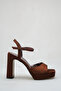 Brown Satin Platform Heeled Sandals Ankle Strap Thick Heeled Comfortable Stylish Women's Shoes - 2