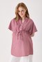 Maternity Burgundy Poplin Cotton Striped Pattern Blouse, Waist Tie and Collar Button Detail (Breastfeeding) - 8