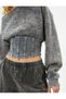 Corset Detailed Faded Effect Crop Sweatshirt Long Sleeve Crew Neck Slim Fit - 5
