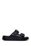Women's Black Double Buckle Thick Sole Leather Comfort Slippers 26Sfd341818