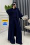 Women's Combed Cotton Long Cardigan Blouse with Wide-Legged Trousers 3-Piece Abaya Set 3205 Navy Blue