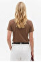 Women's Crew Neck Loose Basic Brown T-Shirt - 3