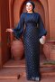 Bead Embroidered Navy Blue Hijab Evening Dress 4961L - 5