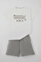 Boy's Shorts Set with Lettering Printed Shorts and Stripes, Ages 6-12, Ecru - 5