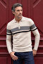 Men's Zippered Polo Neck Bone Sweater Knitwear Embossed Knit Pattern Classic Fit - 5241F