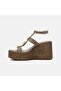 Women's Dark Beige Suede Sandals with Gold Accessories and Wedge Heels - 3