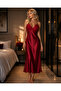 Burgundy Lace Detailed Backless Long Satin Women's Nightgown