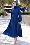 Buttoned Navy Blue Dress with Elastic Waist - 3