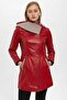 Red Julia Knitwear Hooded Genuine Women's Leather Coat - 2