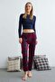 Plaid Patterned Velvet Pajama Bottoms - 4