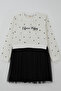 Girl's Long Sleeve Dress Heart Patterned Summer Printed 4-8 Years, Ecru - 3