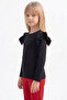 Girl's Black Shoulder Ruffle Cotton Top Crew Neck Body Sweatshirt October 29 Show Outfit - 6