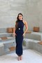 Women's Navy Blue Flock Print Halter Neck Sequin Detail Maxi Dress - 3