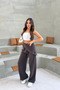 Women's Brown Stone Scarf Detail Wide Leg High Waist Trousers - 5