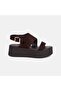 Women's Bitter Brown Gold Buckle Wedge Heeled Suede Sandals - 2