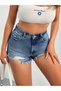 Jeans Women's Dark Blue Ripped Detailed Mini Jean Shorts High Waist Tasseled Summer Denim Shorts - 4