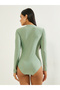 Pack of 3 - Solid Full Sleeve Front Zip Swimsuit, Contrast Edge Wrap Skirt and Leggings Burkini Set - 3