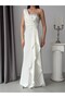 White One-Shoulder Stone Embellished Flounce Evening Dress - 6