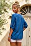 Dark Blue Round Neck 3/4 Sleeve Buttoned Slit 3D Embroidered Casual Cotton Woven Blouse 73 61 - 5