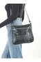 Genuine Leather Women's Black Shoulder Bag Multi-Compartment Zippered Real Leather Messenger Bag