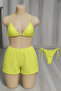 Women's 3-Piece Set with Highlighter Shorts and Side-Tie Bikini Swimsuit Set - 3