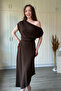 Asymmetrical Midi Brown Dress with Draped Shoulders and Waistline - 5