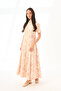 Beige with Powder Floral Pattern, High Collar, Zippered, Princess Stitched Maxi Dress - 5