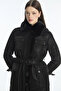 Fur Collar Pocket Detailed Belted Coat Black 13868 - 2