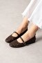 Venosa Brown Tulle Embroidered Floral Patterned Premium Ballerinas with Belt