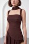Women's Brown Shawl Collar Long Chiffon Event Dress - 3