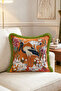 Tropical Stork Monkey Floral Pattern Fringed Throw Pillow Cover - Khaki Tassel Botanical Exotic Cover