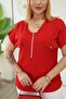 Plus Size Red Blouse with Zipper Detail and Ornamental Pockets - 6