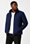 Men's Navy Blue Lined Water-Repellent Windproof Quilted Fiber-Filled Stand Collar Puffer Jacket