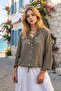 Alaçatı Linen Khaki Washed Linen Mesh Tied Hooded Blouse