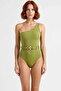 Women's Swimsuit One Shoulder Covered Regular Fit Molded with Accessories Without Underwire Knitted Raschel Fabric Piece Stylish - 4
