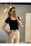 Women's Black Color Lace Square Collar Short Sleeve Modal Body Blouse - 4